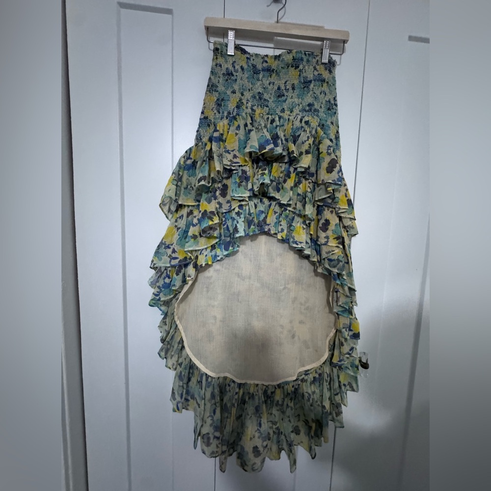 LoveShackFancy High Low Floral Skirt - Blue and Yellow